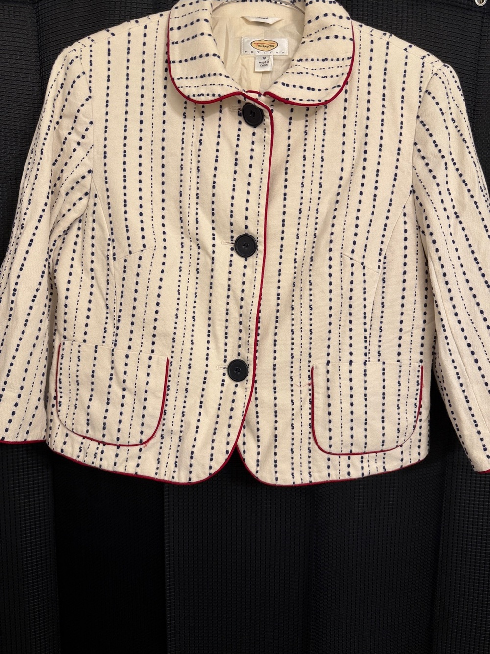 Talbots Petites Cream Nautical Stripe Cropped Jacket with Red Piping Preppy